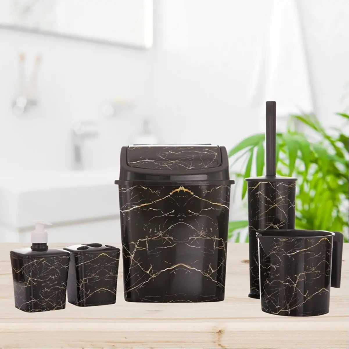 Bathroom Accessories Set of 4 Trash Can Wc Toilet Brush Cup Soap Dispenser Brush Holder Marble Patterned Home Decoration Hard