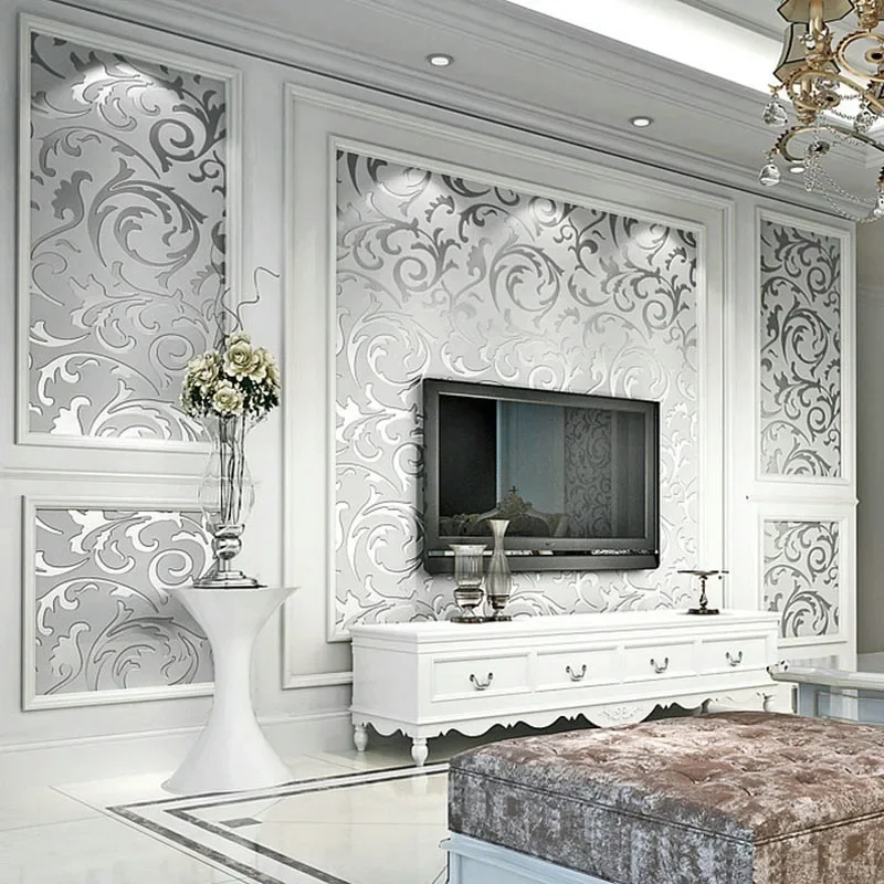 3D สีเทา Victorian Damask นูนวอลล์เปเปอร์ตกแต่งบ้านห้องนั่งเล่นห้องนอนปูผนังเงินดอกไม้หรูหรากระดาษ