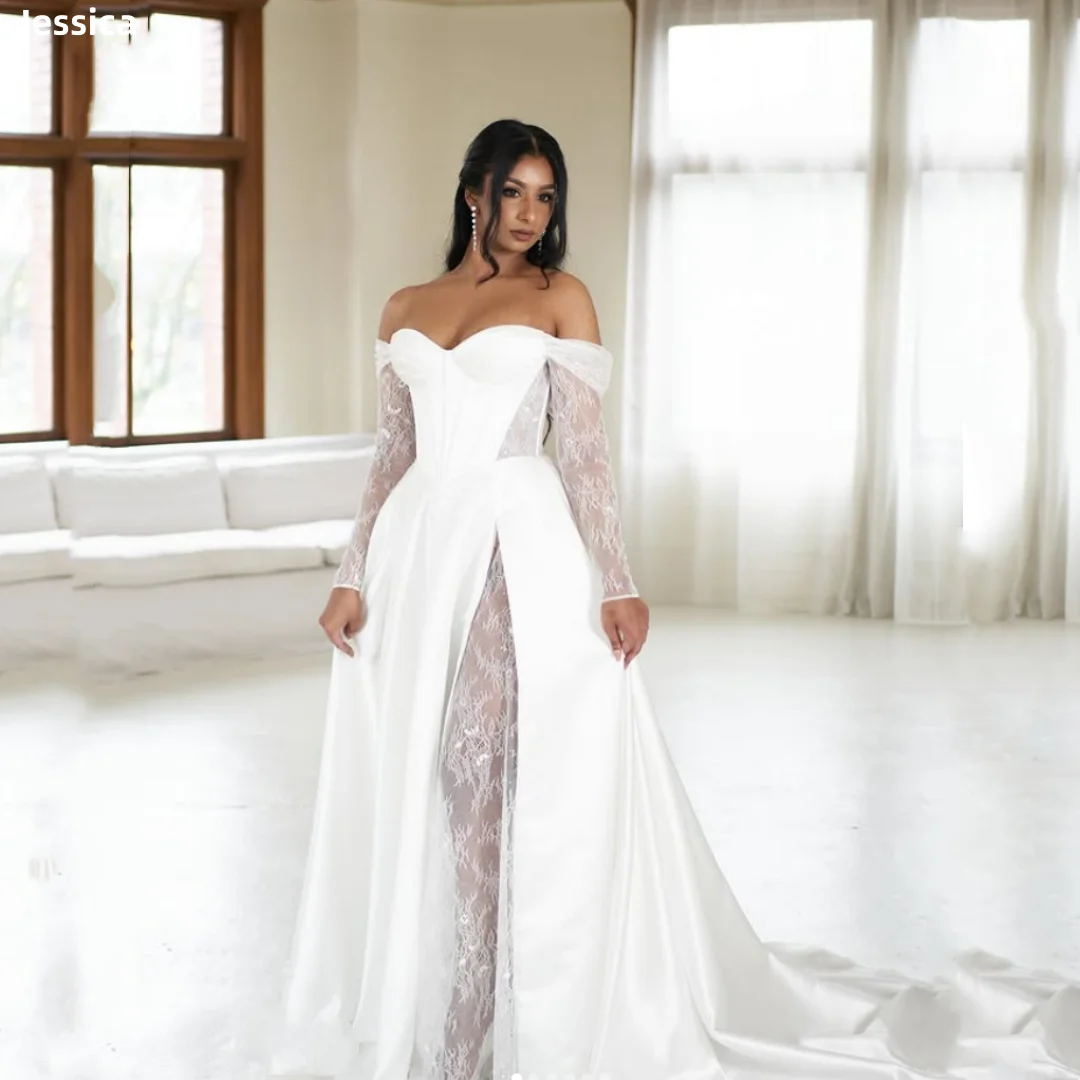 

Jessica Lace Long Sleeves Evening Dresses White Satin Prom Dresses Sexy Strapless Elegant Lady Vestidos De Fiesta Customized