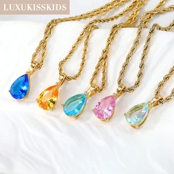 LUXUKISSKIDS Vintage CZ Water Tear Drop Zirconia Pendant Necklace Stainless Steel Colorful Pink Crystal Choker y2k Girl Jewellry