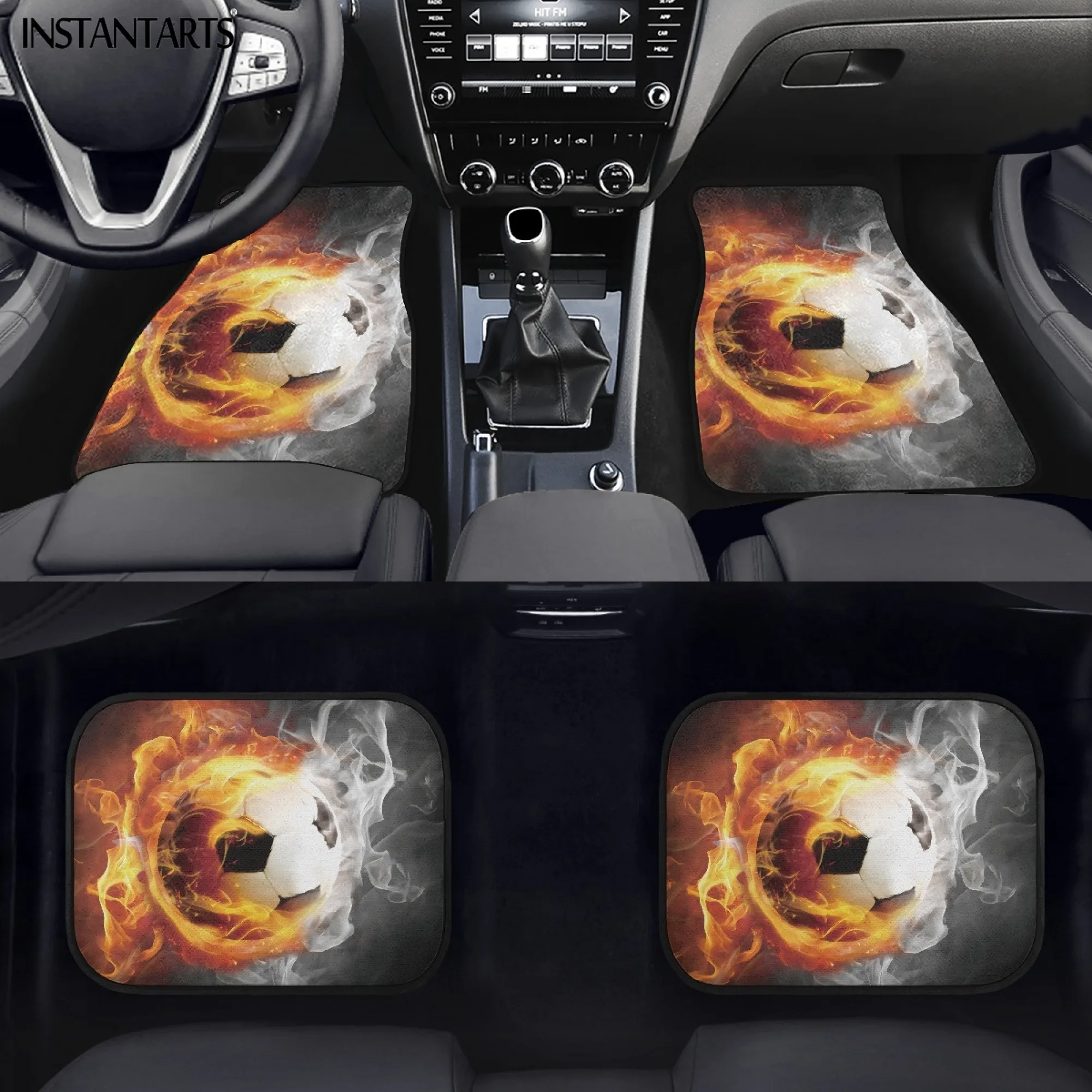 INSTANTARTS Vehicle Decorative Floor Mats Creative Football with Fire Design Unique Easy to Install Uniserval Pads Fit Most Car