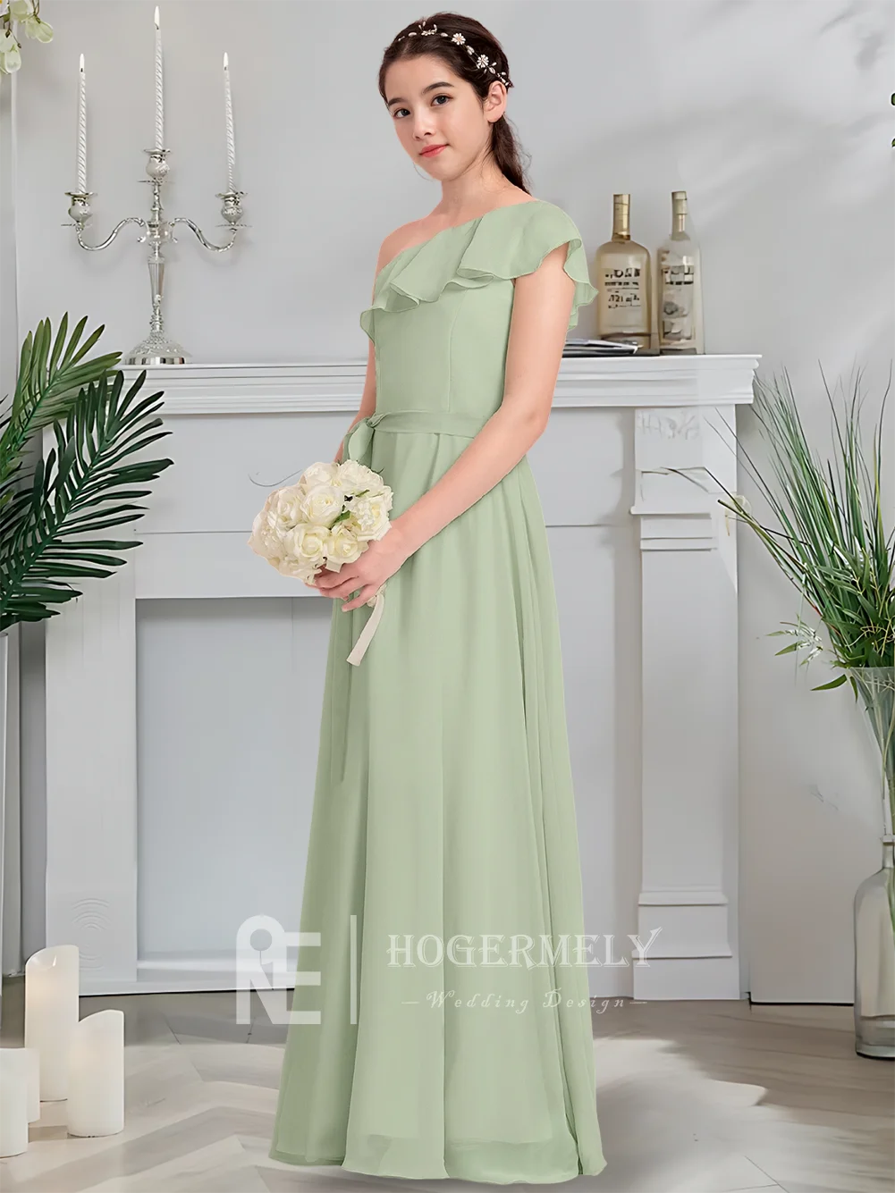 GDH Misty Rose A Line One Shoulder Junior Bridesmaid Dress Flower Girl Dress Chiffon Floor Length For Girls Special Event Wear