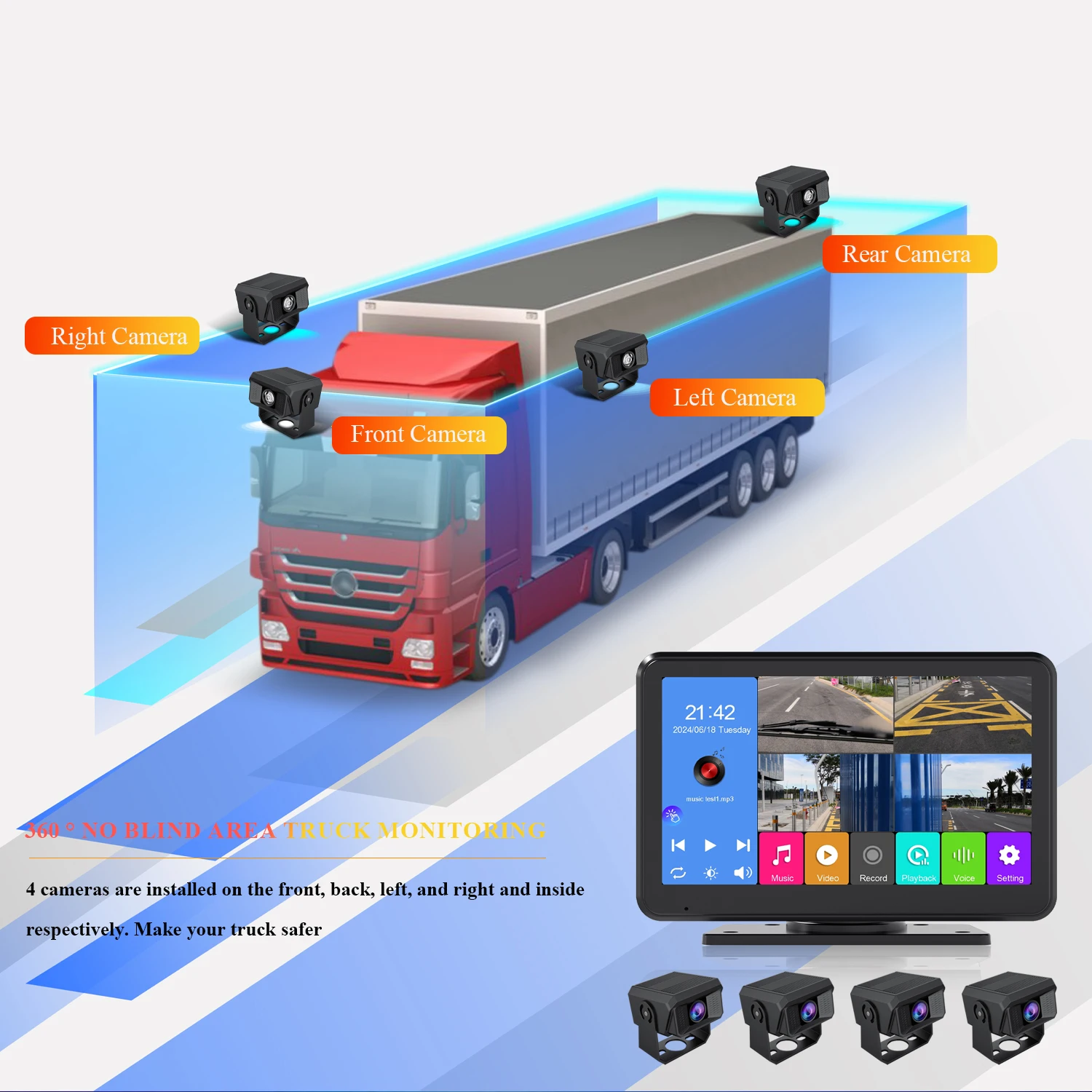 

360 Degree 7 inch 4K 4X Camera car monitor truck MP5 MP3 Player Touch Screen reversing image night vision AHD Camera
