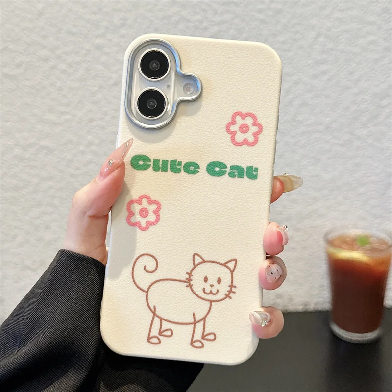 Cute Hand-painted Cat Phone Case For iPhone 16 Pro 15 14 11 12 13 Pro Max Cover Shockproof Silicone Cartoon Cases For Apple 14P