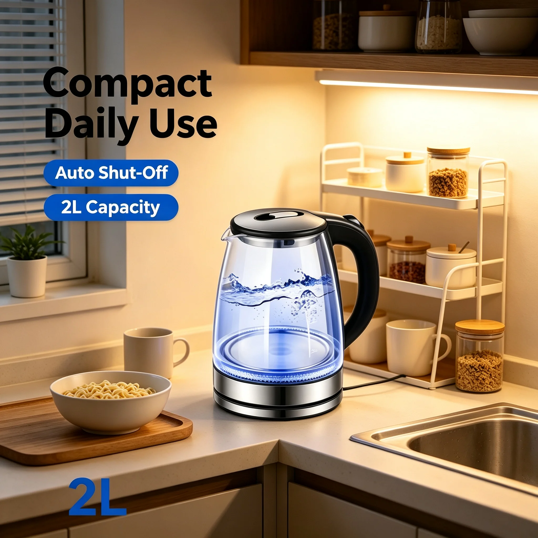2L Glass Electric Kettle with LED Light, Fast Boil & Auto Shut-Off – Cordless Hot Water Kettle for Tea and Coffee
