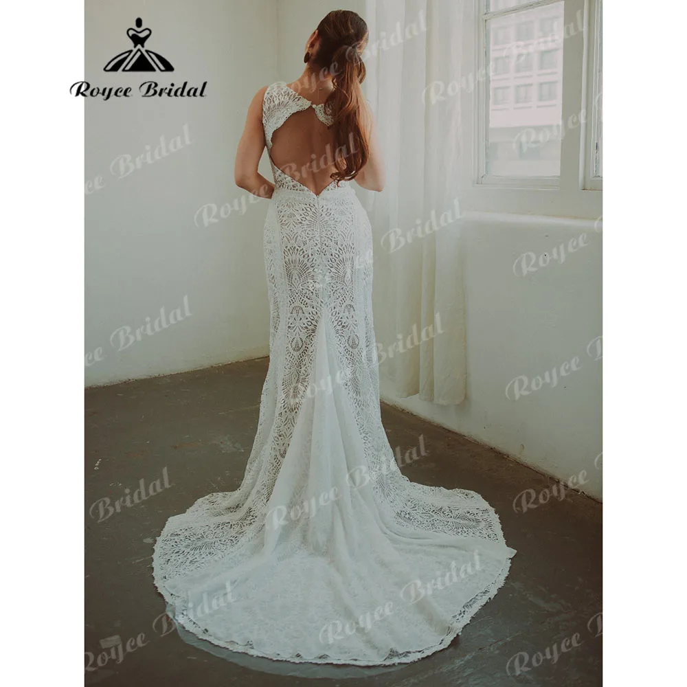 Rustic V Neck Lace Cutout Customized Bohemian Wedding Party Dress for Women 2025 Elopement Open Back Bridal Gown vestido de novi