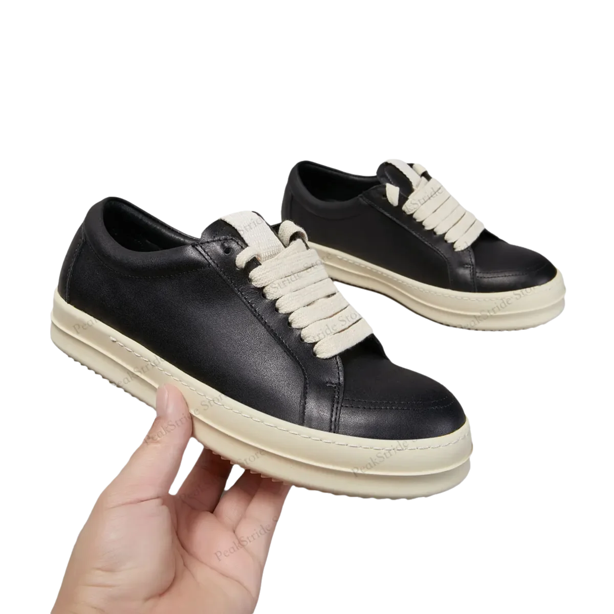 

Luxury Black Leather Low Top Sneakers Designer Lace-Up Punk Platform Flat Trainers Men & Women Casual Fashion Shoes