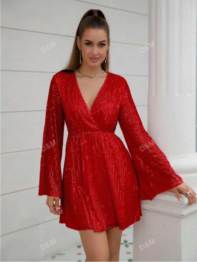 D & M-Robes à paillettes rouges pour femmes, col en V, manches longues trompent, mini batterie avec paillettes, robe de soirée sexy, couleur unie