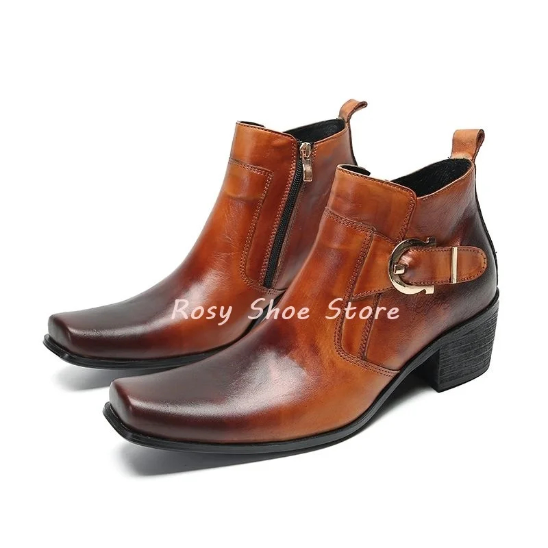 

Distressed Brown British Style Autumn Winter Men's Ankle Boots Black Leather Metal Buckle Decor Side Zipper Business Short Boots