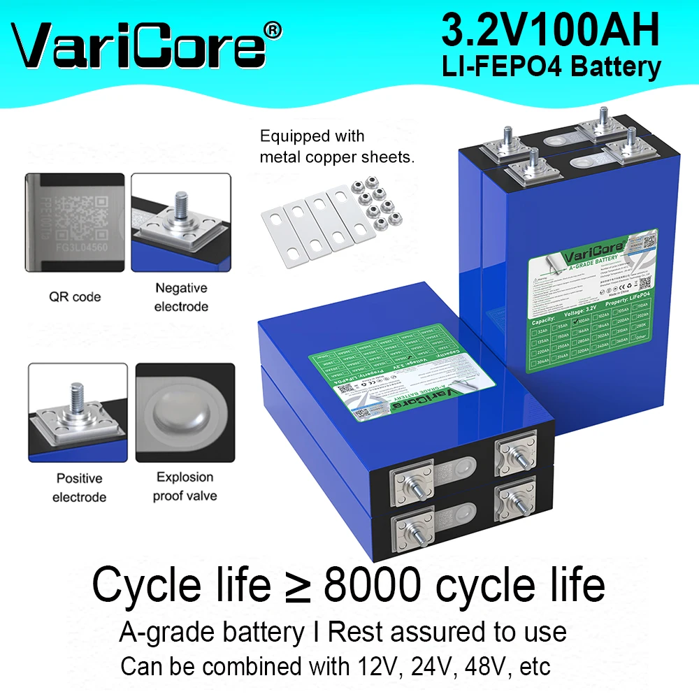 Varicore 3,2V 100K Grade A 100Ah LiFePO4 Batterie 8000 Zyklen DIY 12V 24V für Solarleuchten, Außenbereich, Golfwagen, Solarsysteme, Wohnmobile usw.