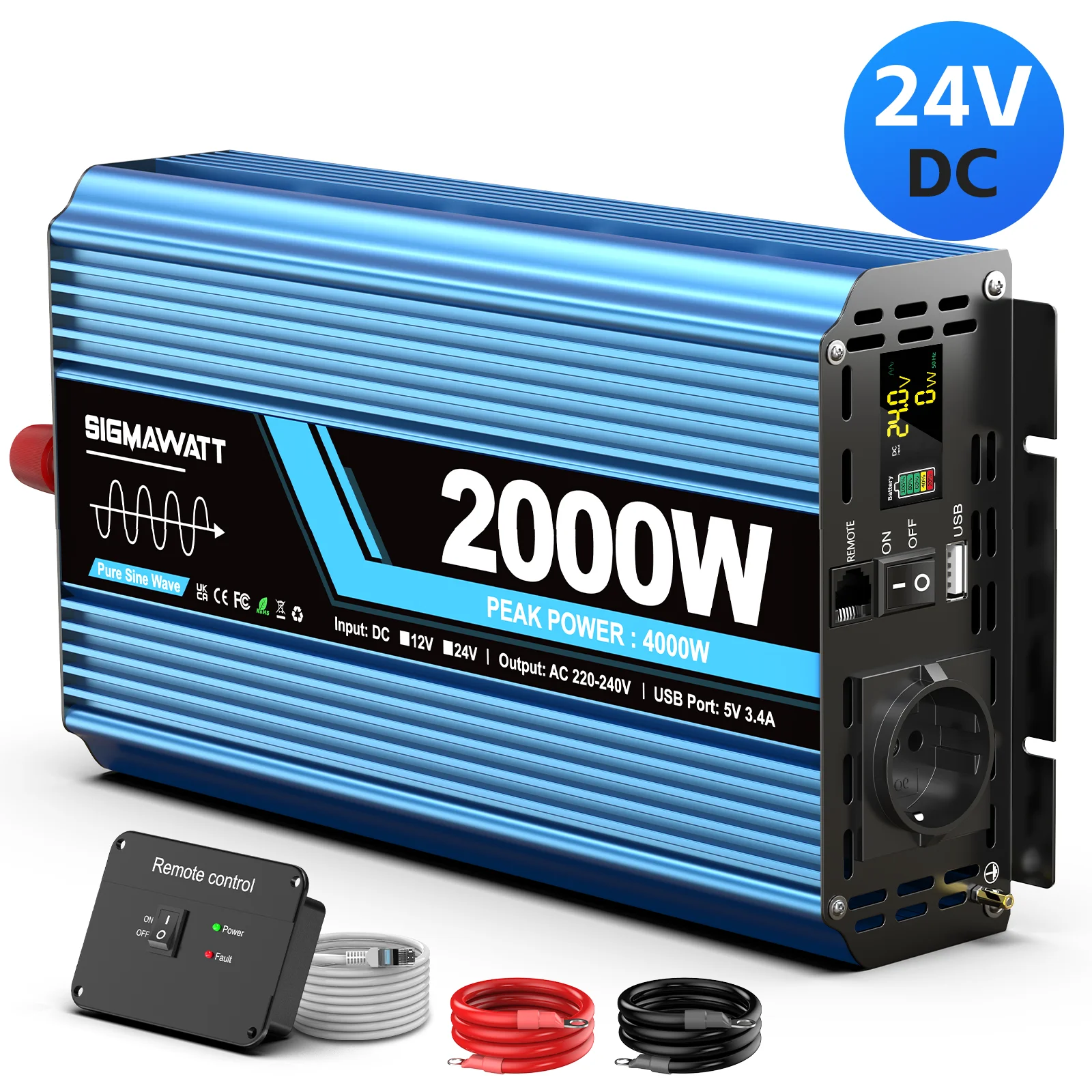 Zuivere Sinusgolf Omvormer DC 12V 24V AC 230V 2000W Nominaal 4000W Piekmacht LCD Afstandsbediening USB Type-C voor Off-Grid Kamperen Auto