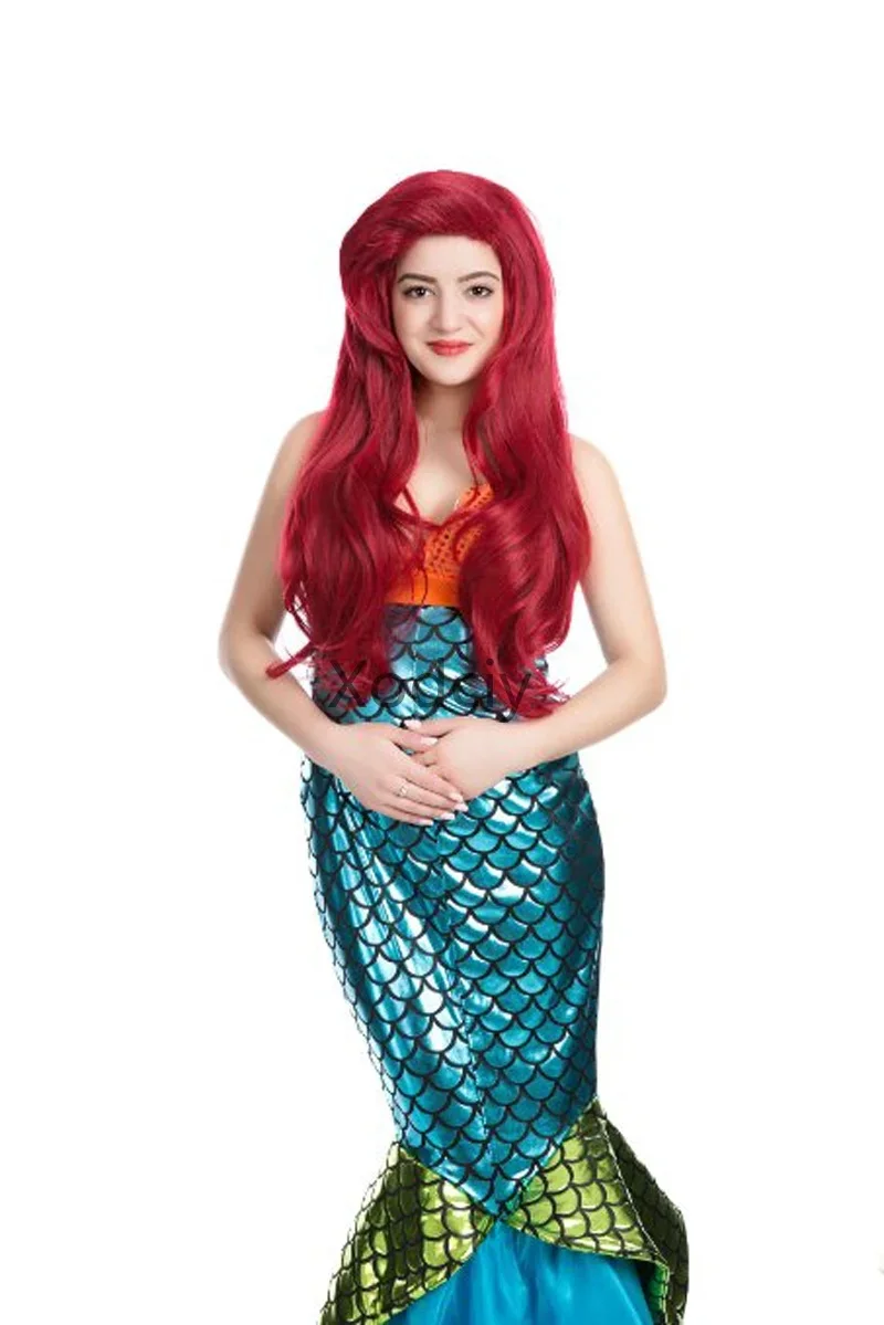 70cm mała syrenka czerwona peruka syntetyczne kręcone włosy Cosplay peruki księżniczka Ariel peruka kostium do gry fabularnej + czapka z peruką — zdjęcie 2