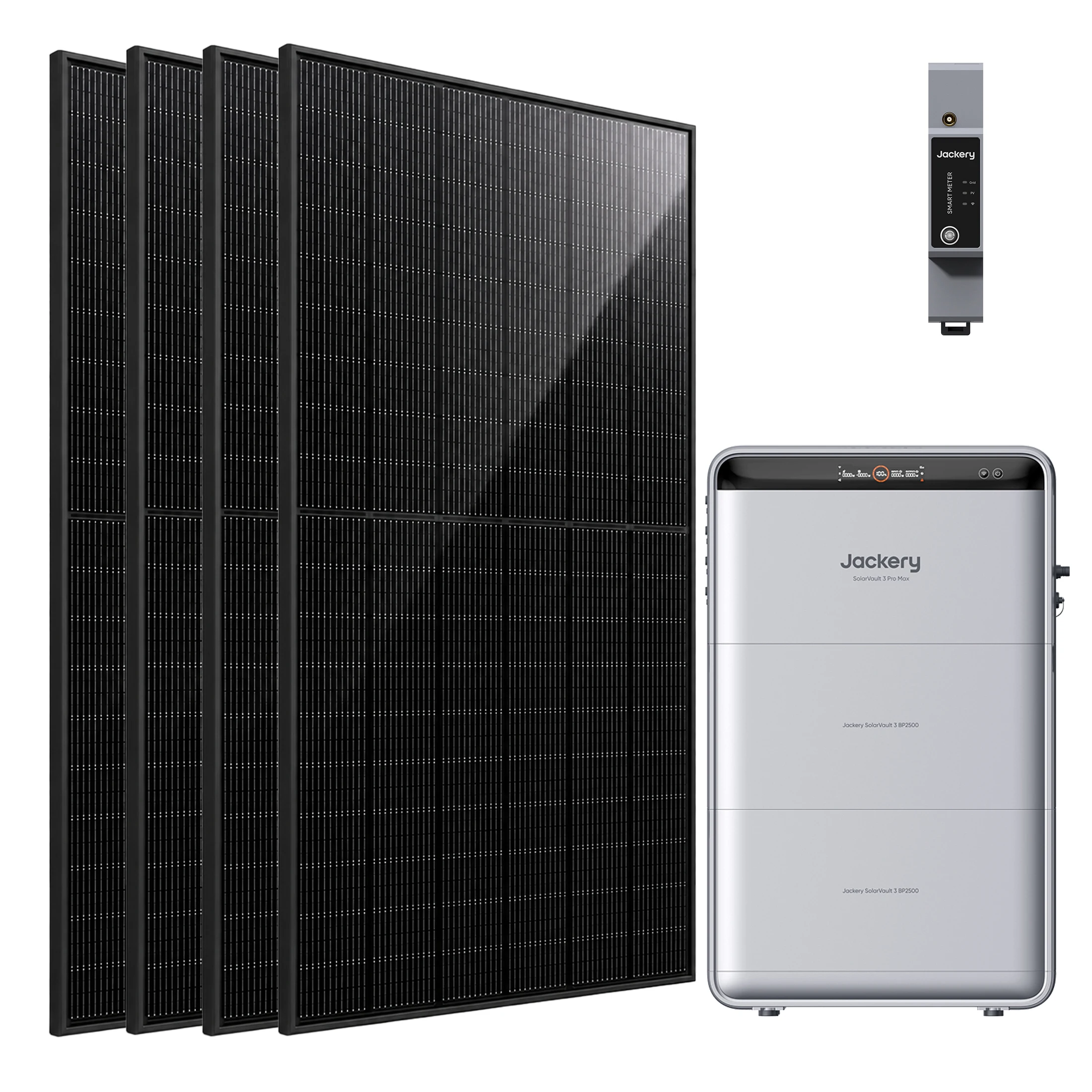 Jackery SolarVault 3 Pro Max Balkonkraftwerk mit Speicher, mit 2 BP2500 7.56kWH,mit Smart Meter 2500 W, 4 MPPT, 4000 W PV-Eingang, mit 4 x 500 W Solarmodulen, erweiterbar bis 15 kWh