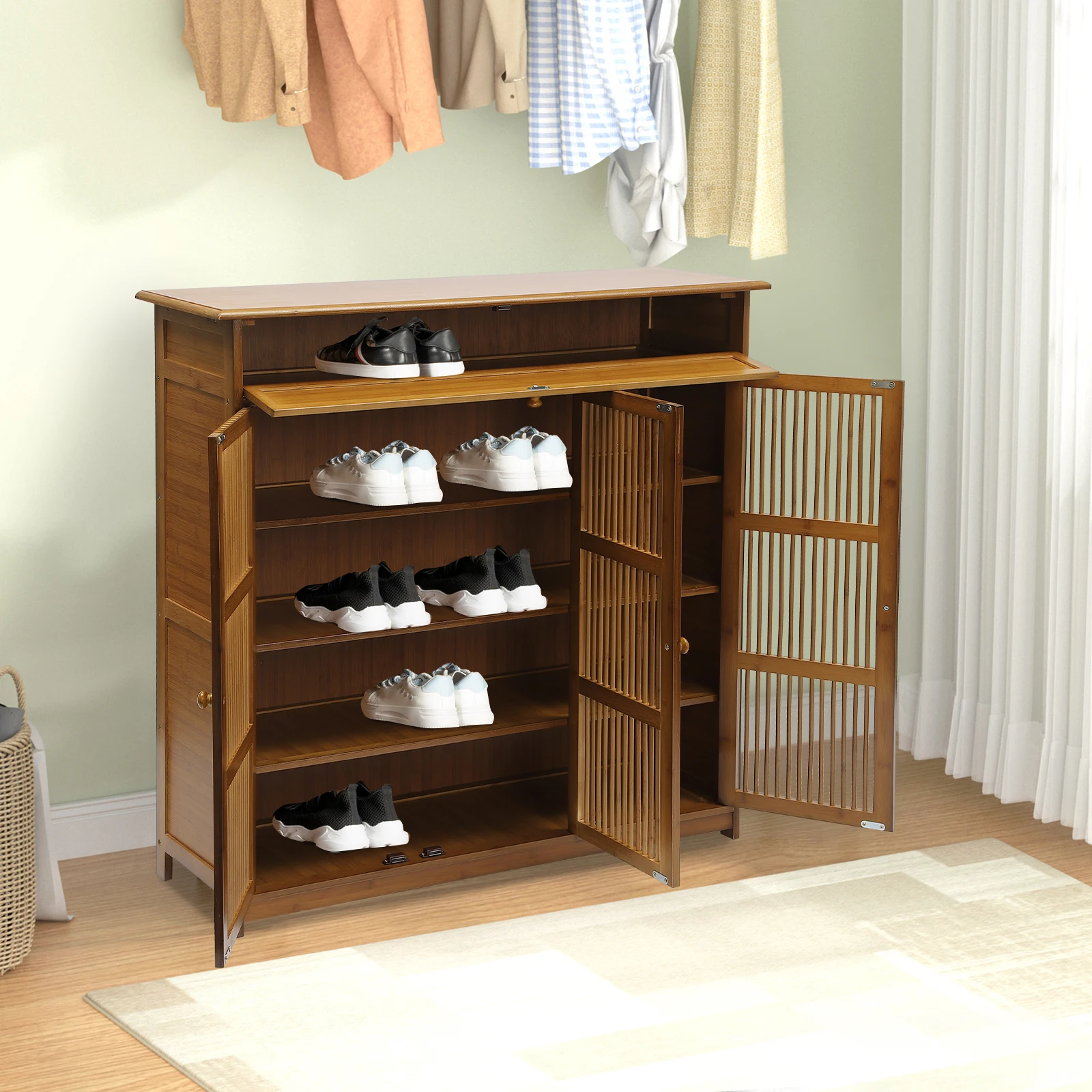 منظم خزانة أحذية من الخيزران مكون من 4 طبقات، خزانة أحذية للمدخل، منظم رف الأحذية مع أبواب مناسبة للمنزل، جديد