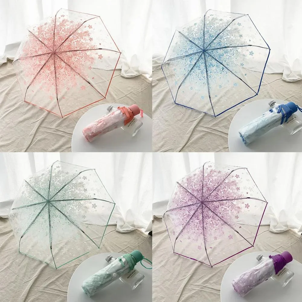 Automatic/Manual Opening And Closing Romantic Cherry Blossom Transparent Folding Umbrella Fresh Transparent Three-Fold Umbrella.
