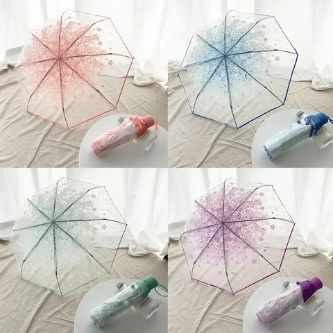 Automatic/Manual Opening And Closing Romantic Cherry Blossom Transparent Folding Umbrella Fresh Transparent Three-Fold Umbrella.