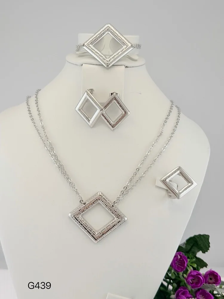 Simple Parallelogram Shape Italian Jewelry Textured Stunning Necklace Brazalete Aretes Anillo 4PC Jewels Set for Wedding Party