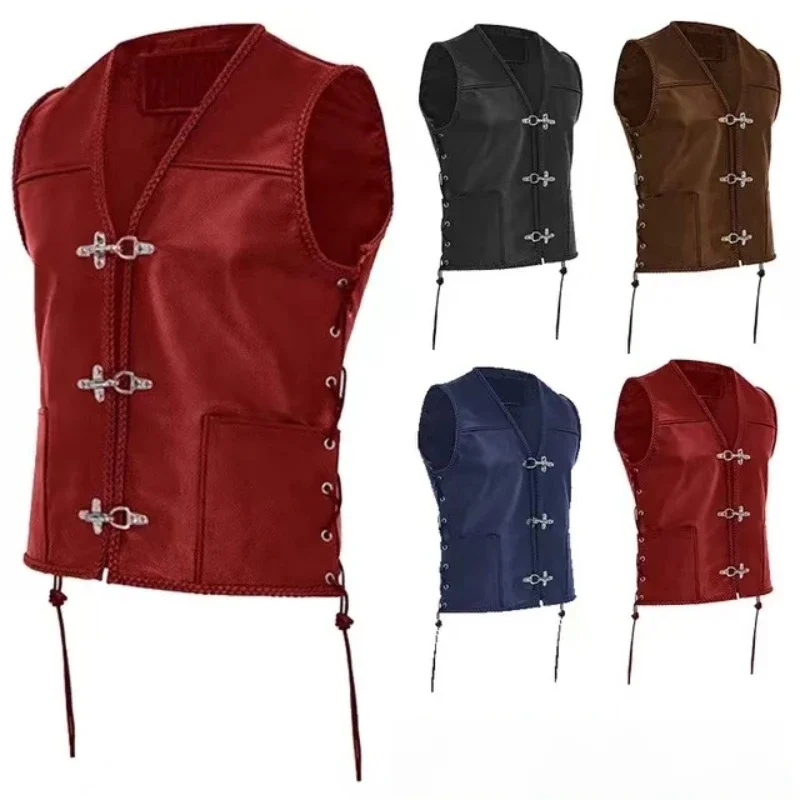 AliExpress NONE Men's Vintage Leather Vest single breasted sleeveless top punk Medieval Knight vest cycling vest hip hop vest