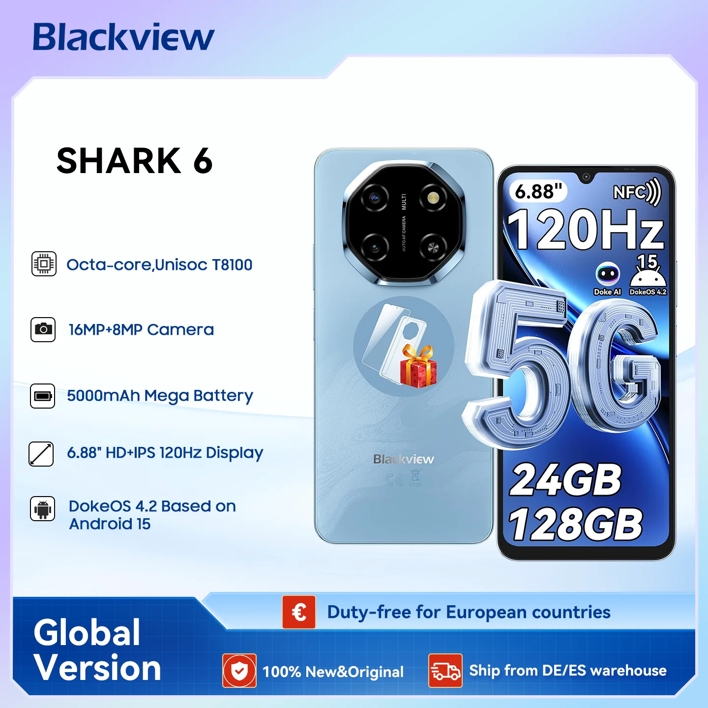 Blackview SHARK 6 AI Smartphone Android 15 Unisoc T8100 5G téléphone portable 6.88 ''affichage 120Hz, 8 + 16GB RAM, 128GB + 2TB ROM, 5000mAh