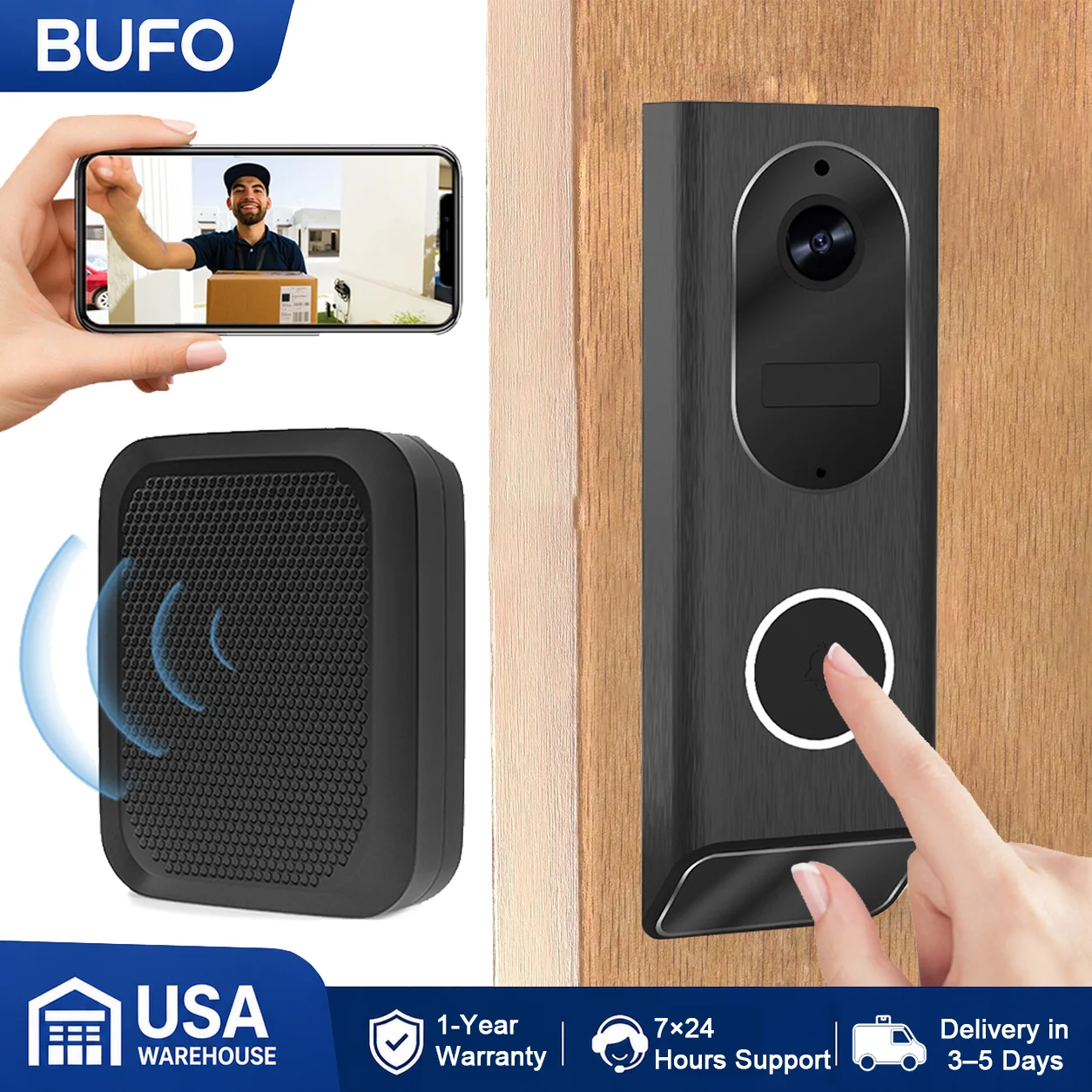 BUFO S7 Smart Video Doorbell 1Pack / 2Pack 1080P HD WiFi Security Camera 5200mAh Battery IP65 Waterproof PIR Motion Detection Full‑Duplex Two‑Way Audio Night Vision RF433 Doorbell Chime CamVigil App Control Home Security Camera
