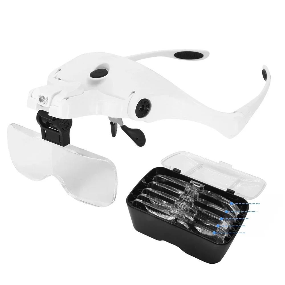 1.0X 1.5X 2.0X 2.5X 3.5X regulowana lupa z 5 obiektywami LED Light opaska na głowę lupa szklane okulary powiększające LED z lampą — zdjęcie 2