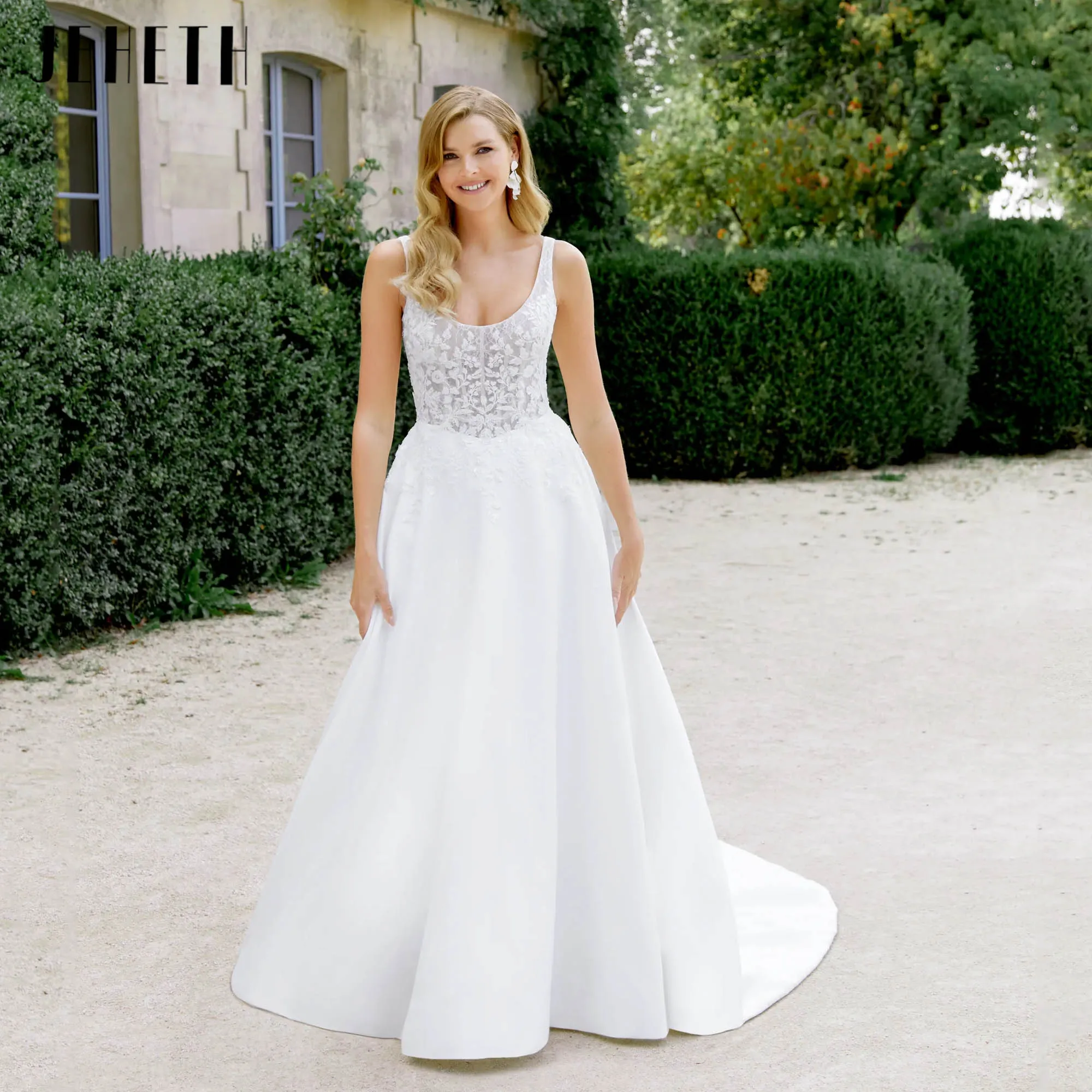 

JEHETH Satin Appliques Bridal Dress A-line Sleeveless Modern Wedding Gowns Backless Scoop Neck vestidos de novia 2025 Customized