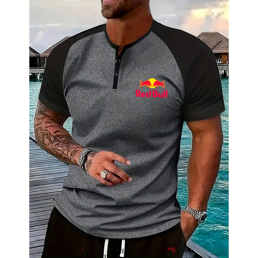 

Summer Henley Collar Casual Contrasting Color Men'S Red Bull Logo Short Sleeved T-Shirt High-Quality Men'S T-Shirt Street Wear