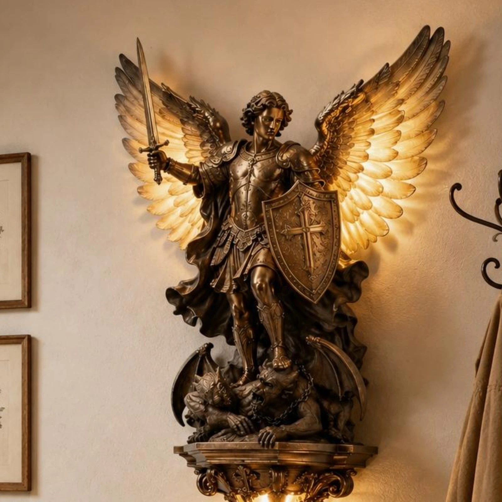 Angel Wall Lamp Resin Craft Ornament Saint Michael Angel Wall Light Christian Religious for Home Wall Decor Lighting Accessory
