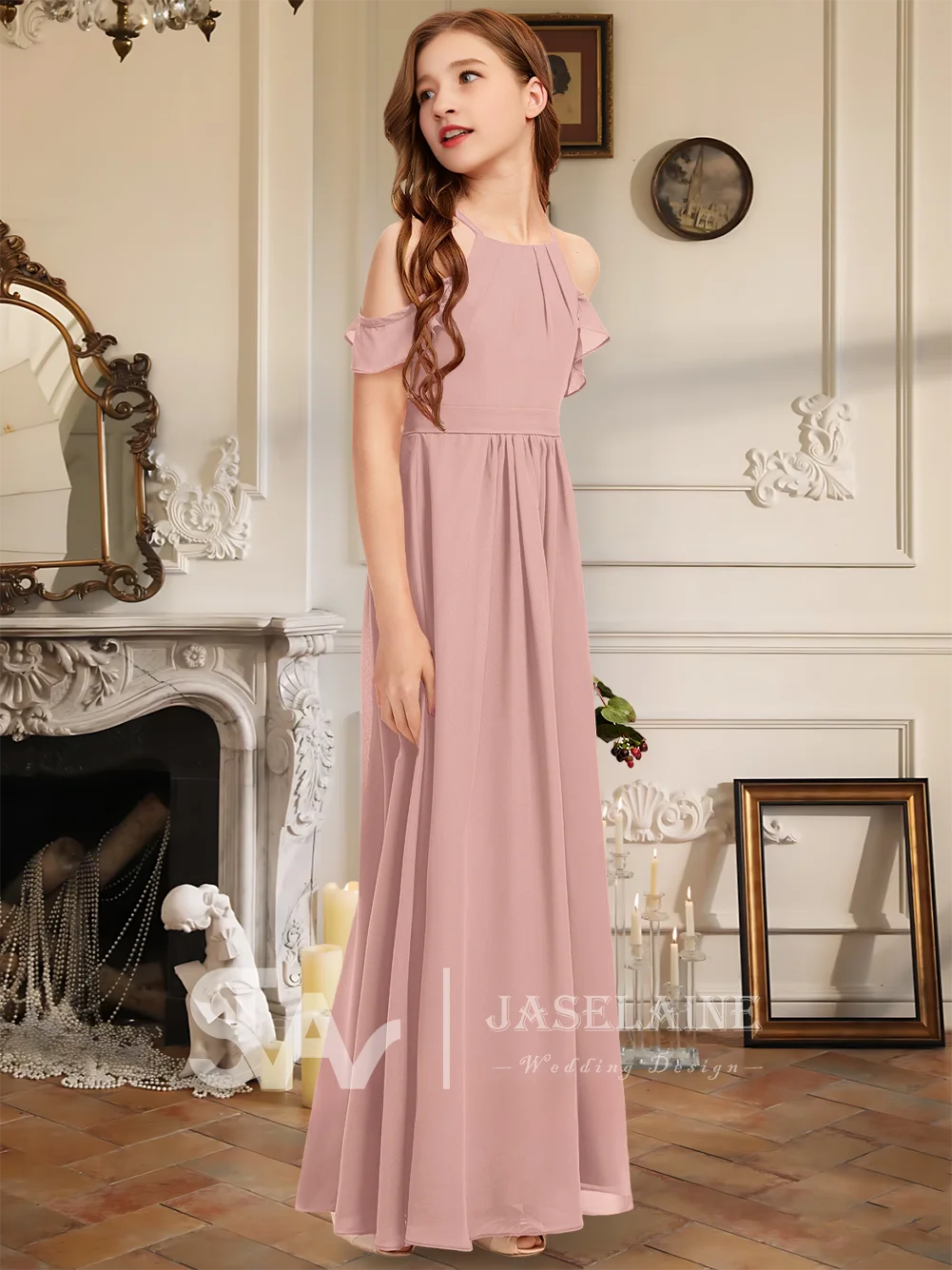 Темно-синее шифоновое платье трапециевидной формы с лямкой на шее длиной до пола, платье подружки невесты без рукавов с молнией сзади, платье с цветочным узором для девочек, торжественное свадебное платье