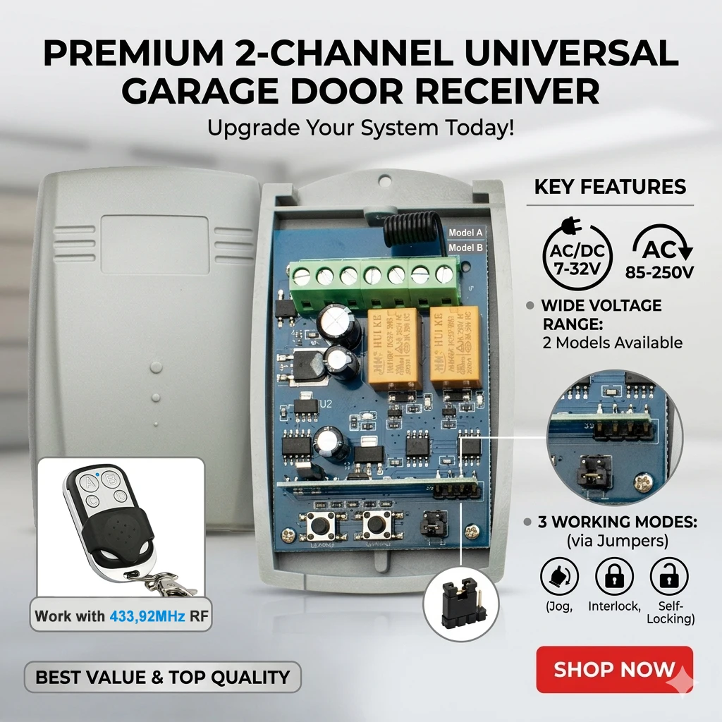 

433.92MHz Universal Garage Door Receiver 2-Channel Multi-Brand Gate Controller 12V 24V 220V Switch Momentary Toggle Latched Mode