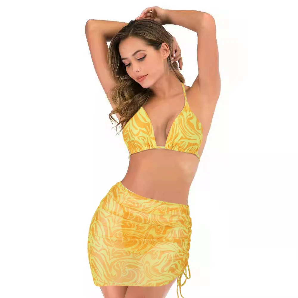 New Swimsuit Women's Gauze Skirt Bikini Three-piece Set Small Chest Sexy Lace Beach Set Adults