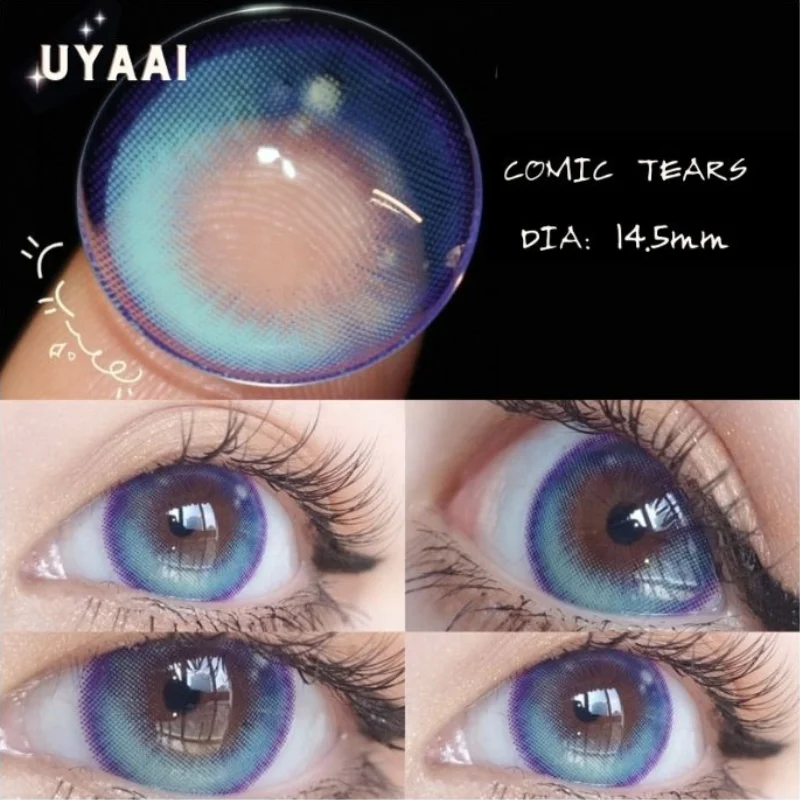 UYAAI 1 par de lentes azules, accesorios de Anime, lentes de contacto de Color para ojos, lágrimas cómicas, lentes de moda para ojos, lentes verdes