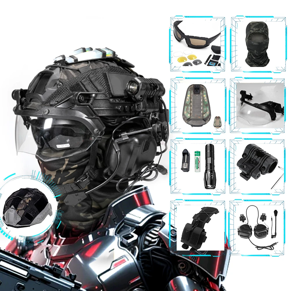 

Tactical Shooting Adjustable Protective Helmet Set with Earphone Goggles Light Battery Bag for Outdoor Hunting Cosplay Equipment