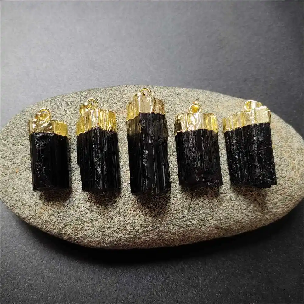 FUWO Natural Black Tourmaline Pendant,18K Gold Plated Cap  Cylindrical Shape Healing Quartz Charm For Necklace Making PD407 5PCS