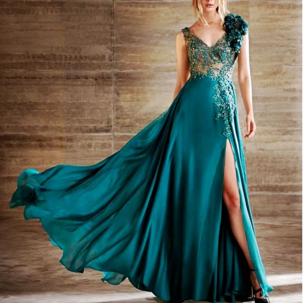 Custom Hunter Green Blue Sleeveless Evening Dress A line  Appliques High Slit Tulle Long V-Neckline vestidos de novia C24184