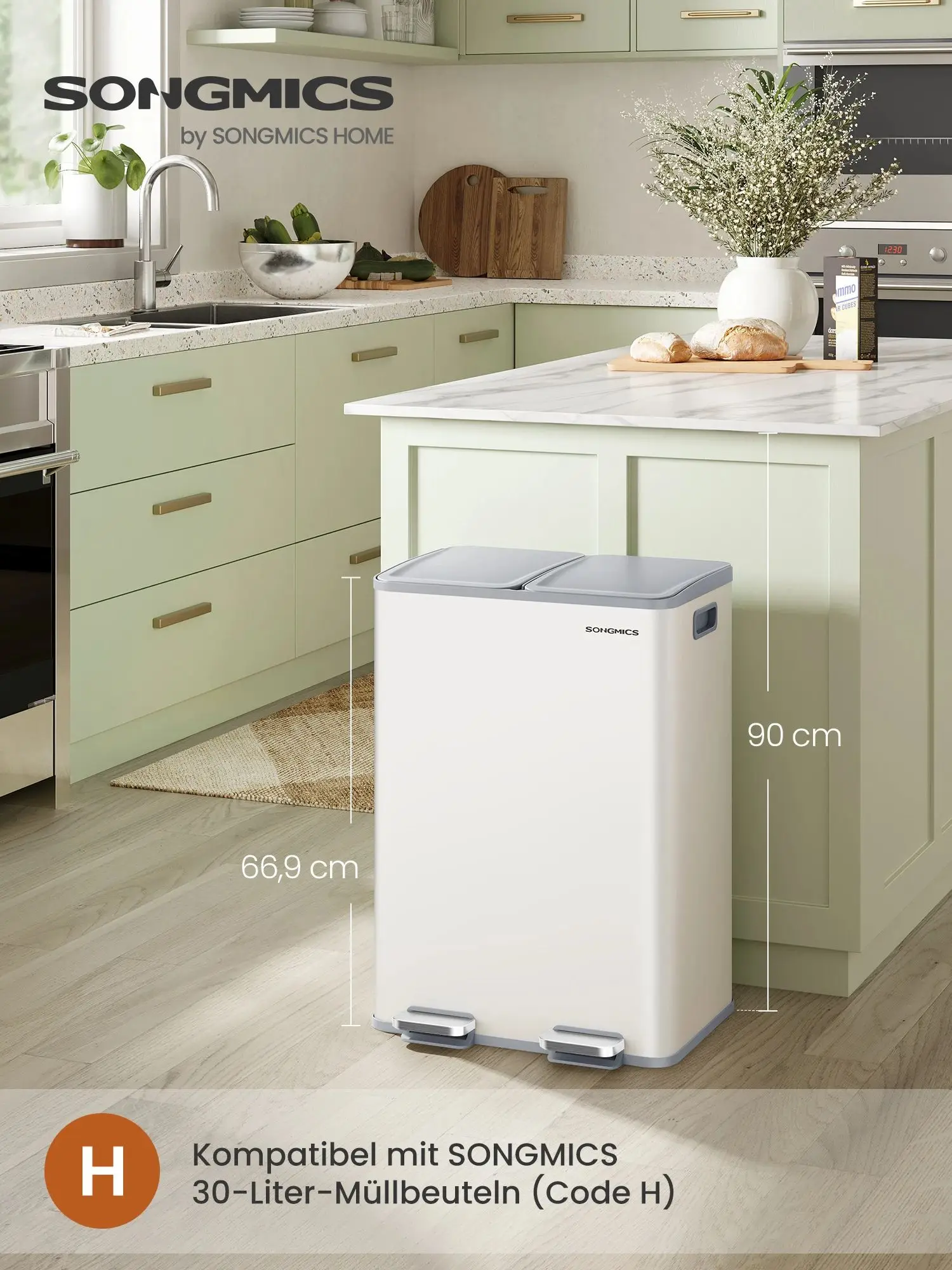 SONGMICS Mülleimer Küche, 2 x 30 Liter, 2 Fächer, Abfalleimer, Tretmülleimer, Softclose-Deckel, Stahl