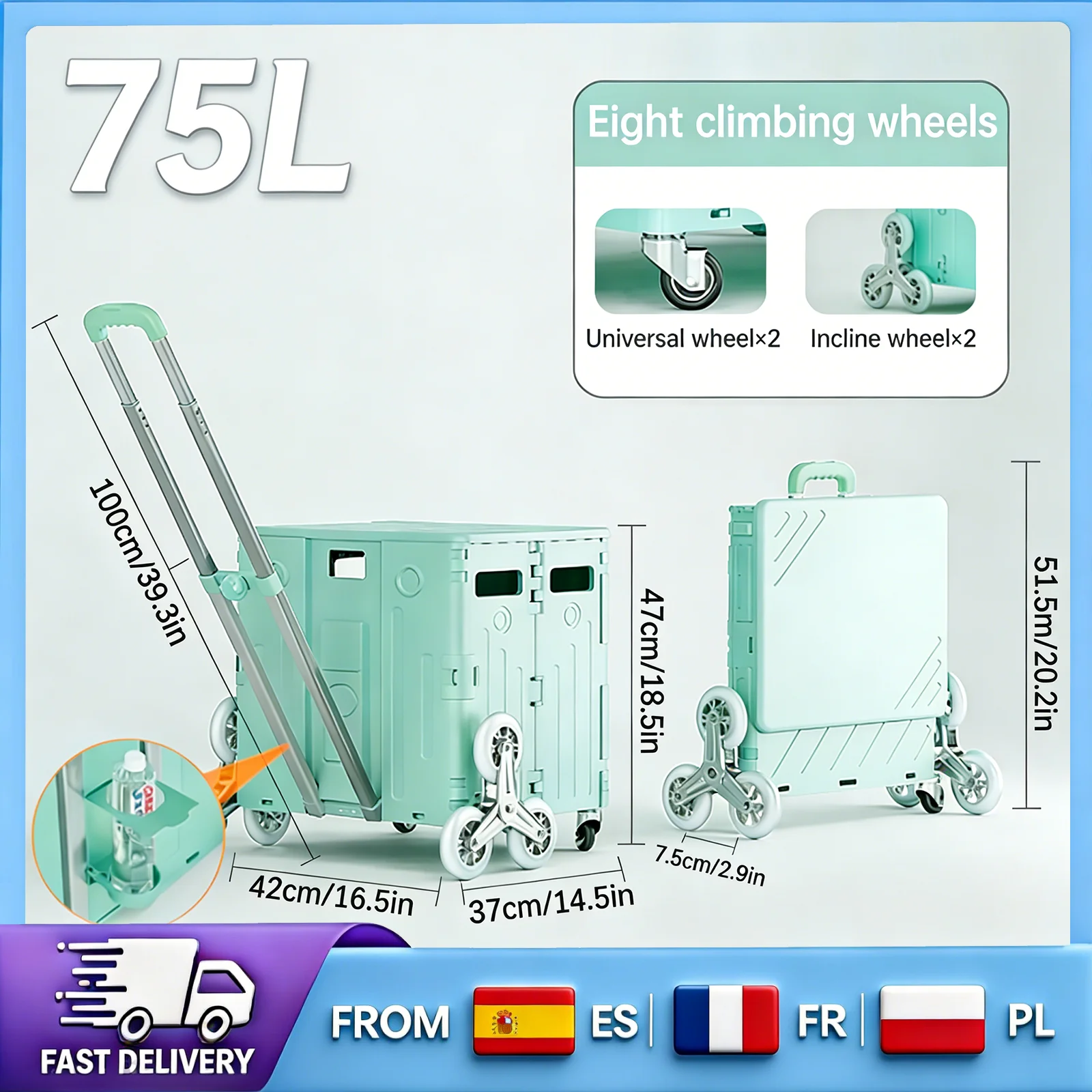 Chariot utilitaire pliable de grande capacité 75L, caisse roulante portable avec roues, chariot de courses robuste pour le camping en plein air