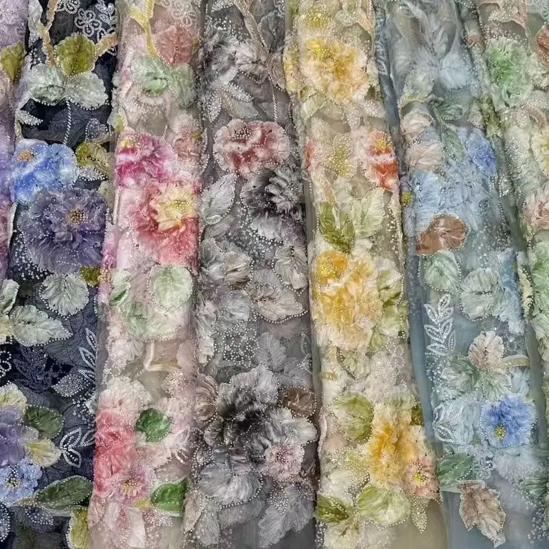 

European Colorful Floral Embroidered Lace Fabric With Sequins Beads Mesh Material For Elegant Dress Wedding Gown Sewing Project