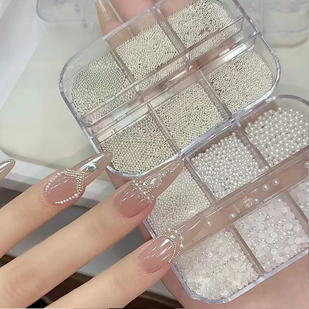 Około 3000 sztuk Zestaw kulek perłowych + stalowych zawieszek do paznokci Biała półokrągła perła 1/1,2 mm Stalowa kula DIY Fairy Nail Art Biżuteria Akcesoria — zdjęcie 2