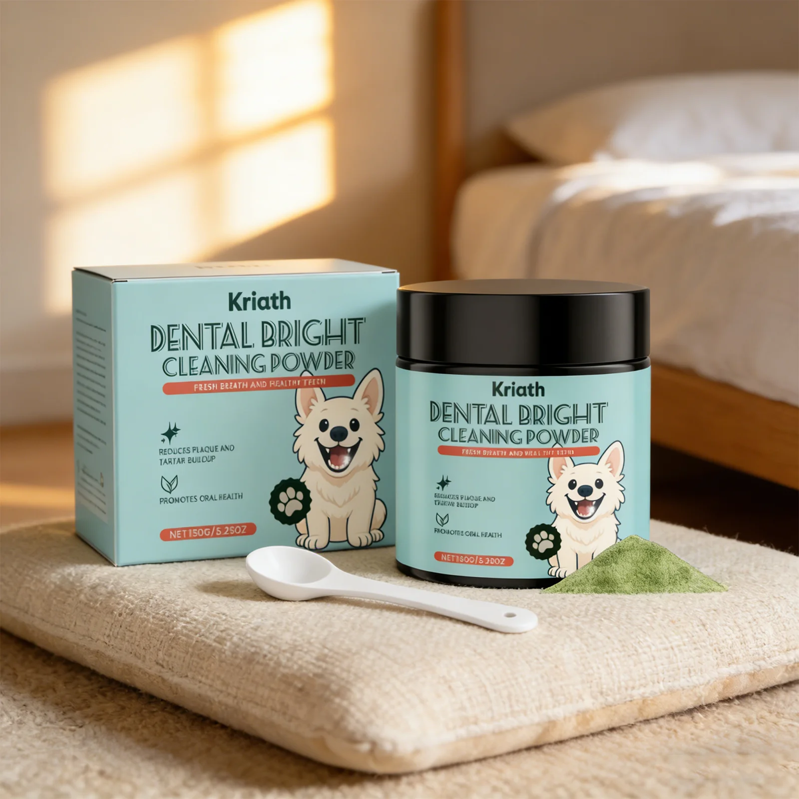 Kriath 150G Polvo de limpieza, limpieza de dientes, refrescante del aliento, uso conveniente, seguro y suave, adecuado para todos los perros