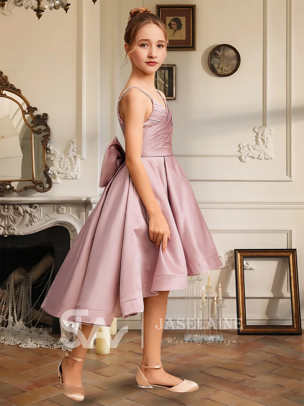 Elegant A-Line V-Neck Asymmetrical Satin Junior Bridesmaid Dress Bow Flower Girl Dress Girls Party Wedding Formal Occasion