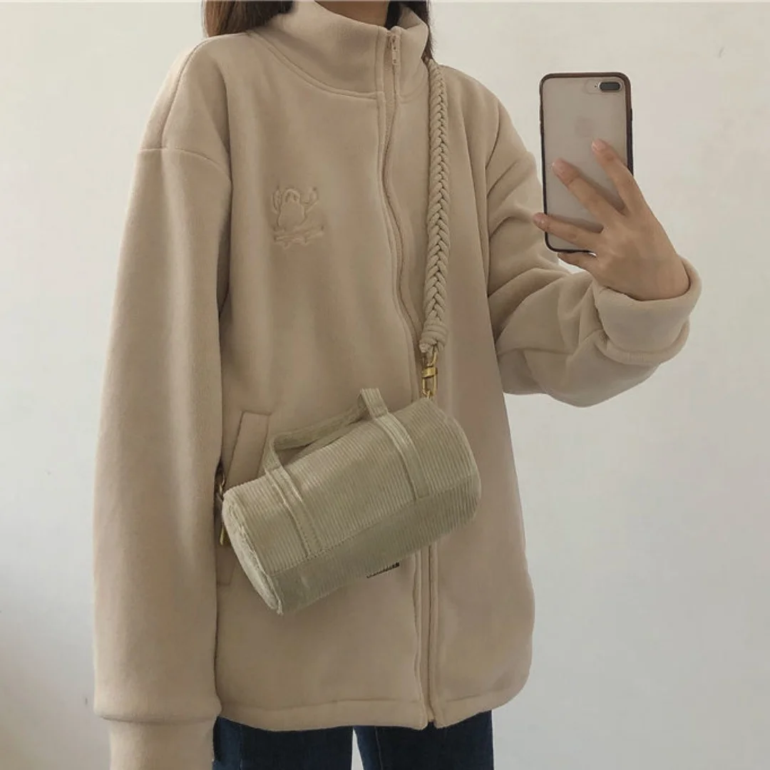 Casual Solid Women's Winter Jackets Embroidery Loose Long Sleeve Polar Fleece Coats Commfortable Fleece-lined Keep Warm Clothing