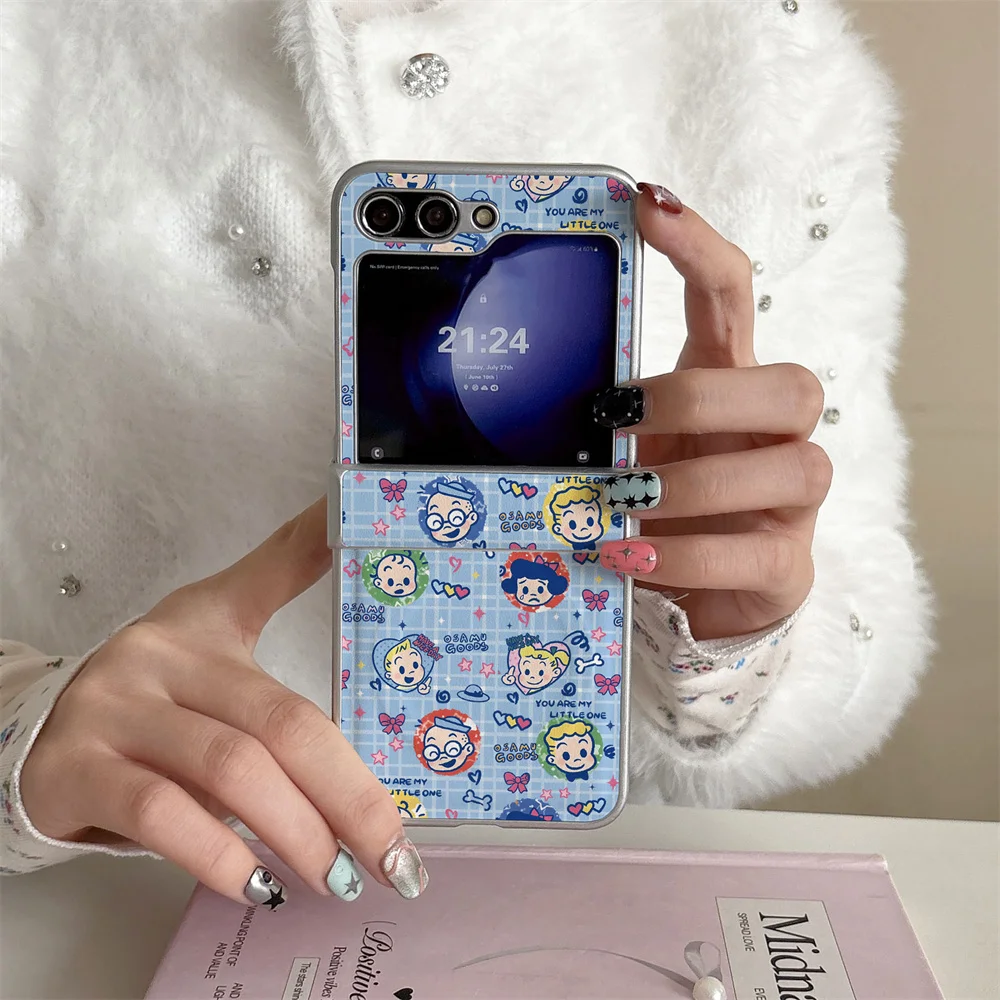 Cute Retro Osamu Goods Cartoon Grid Pattern Magnetic PU Leather Phone Case For Samsung Z Flip 8 7 6 5 4 Full Hinge Anti‑Drop Fol