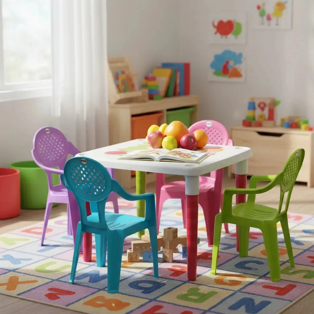 طاولة أطفال قابلة للطي + 4 كراسي أطفال بيضاء |     مجموعة طعام آمنة ومدمجة للأطفال |     مثالية للغرفة أو الحديقة أو المدرسة أو الأنشطة |     سهلة التجميع والتخزين