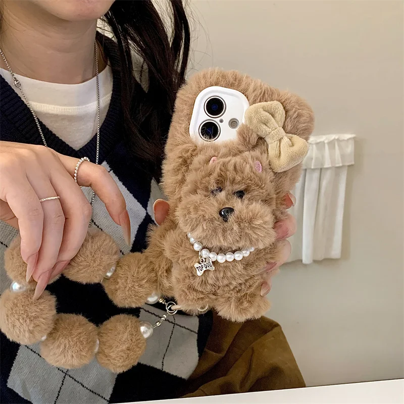 Ins Kore'nin sevimli 3D köpek yavrusu Hairball lappel telefon kılıfı iPhone 16 Pro Max 15 Pro 13 12 Kış tüylü tüylü şok kapağı Coque