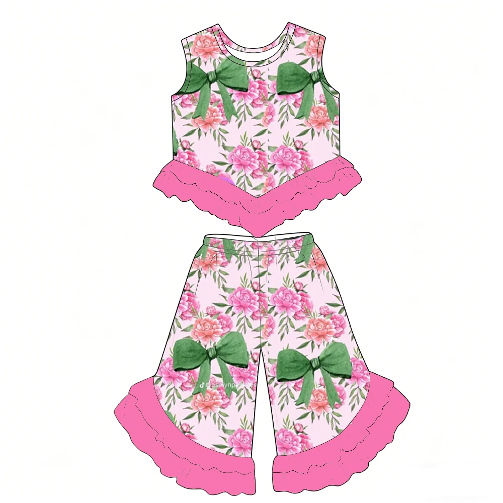 Boutique children's sets Sleeveless ruffled top paired with ruffled trousers girls set flower bow strawberry print custom
