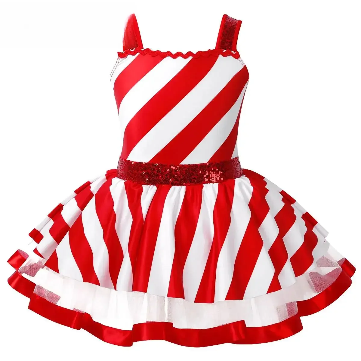 Kids Girls Candy Cane Mrs Santa Claus Costume Shiny Sequins Christmas Dance Figure Ice Skating Tutu Dress Leotard Dancewear