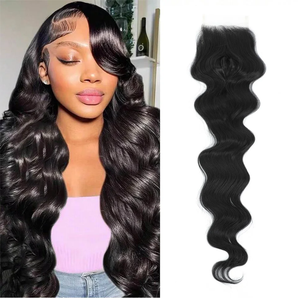 

22 Inches Synthetic Hair Lace Front Natural Black High Temperature Fiber 4x4 Body Wave Free Part Lace Closure For Women Daily