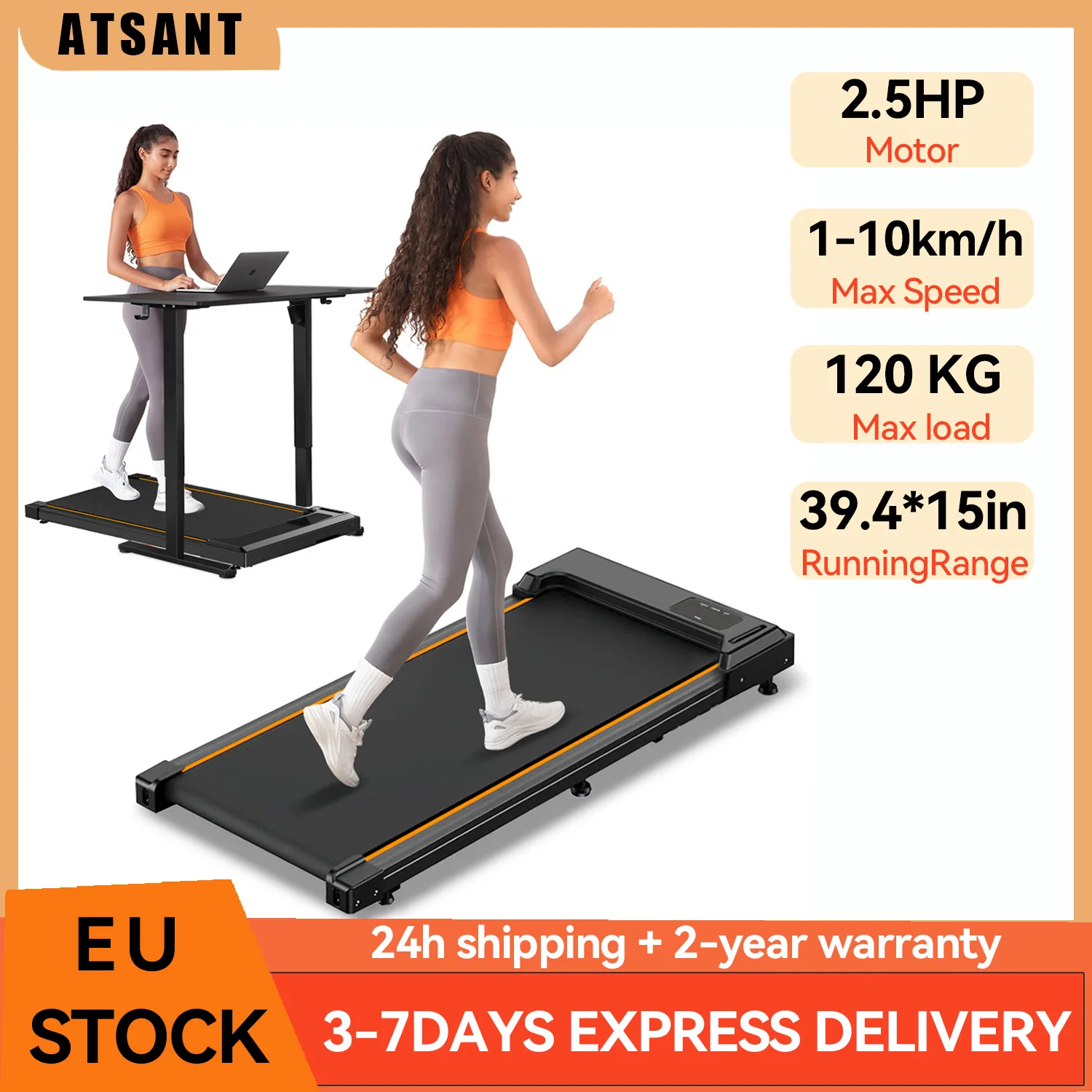 ATSANT AT51 Tapis roulant 3 in 1 per casa/ufficio Velocità motore 2,5 HP 1-10 km/h Tapis roulant pieghevole Display a LED Ponte da passeggio a basso rumore