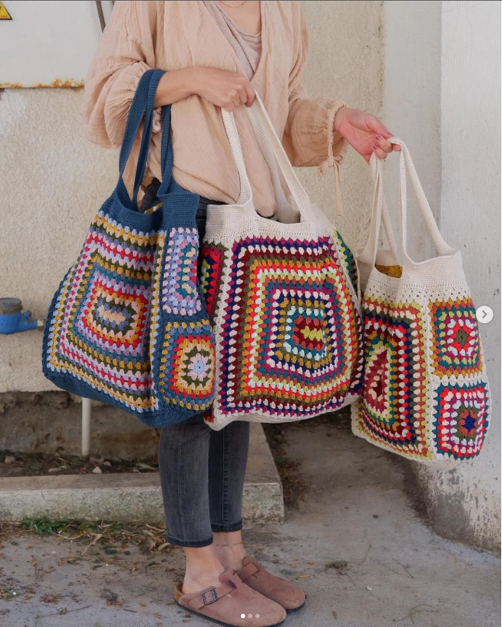 Colorful Crochet Boho Chic Granny Square Gran Tote Handbag Beige Blue Shoulder Bag Vintage Style Hippie Summer Beach Bag